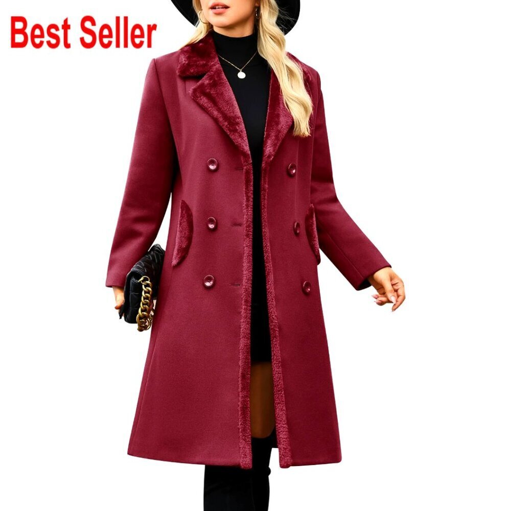 Long Wool Pea Coat Double Breasted Lapel Slim Fit Winter Trench